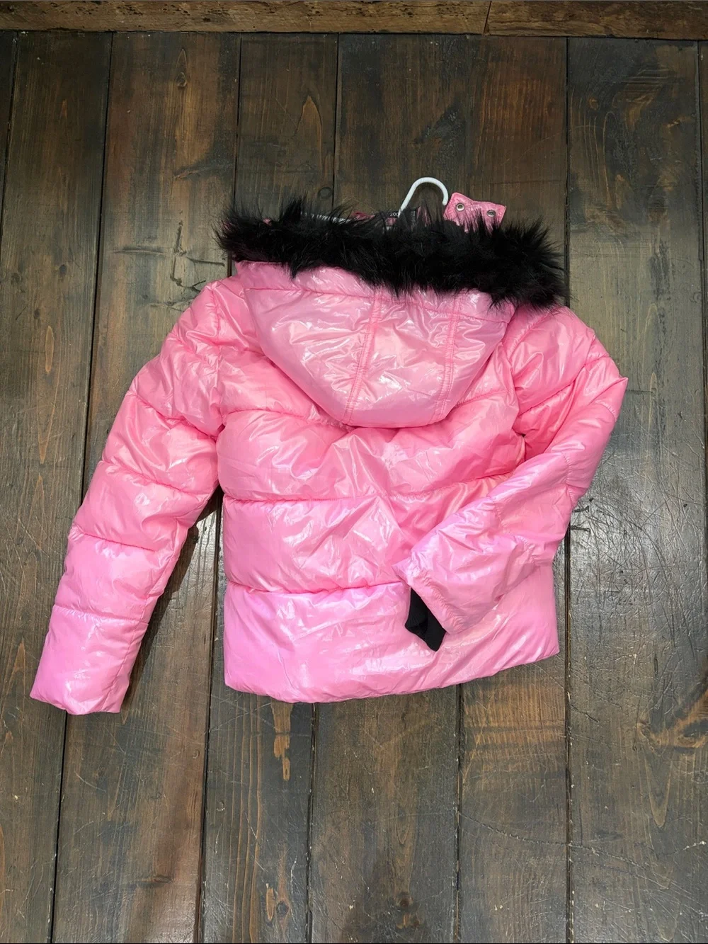 Justice Pink Shiny Puffer Jacket with Faux-Fur Hood
